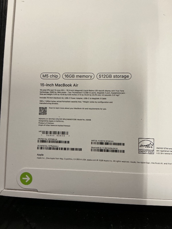 Photo 1 of FACTORY SEALED— Apple 2026 MacBook Air 15-inch Laptop with M5 chip: Built for AI, 15.3-inch Liquid Retina Display, 16GB Unified Memory, 512GB SSD, 12MP Center Stage Camera, Touch ID, Wi-Fi 7; Sky Blue