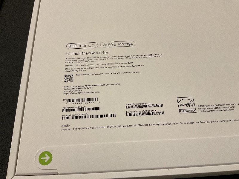 Photo 1 of Apple 2026 MacBook Neo 13-inch Laptop with A18 Pro chip: Built for AI and Apple Intelligence, Liquid Retina Display, 8GB Unified Memory, 256GB SSD Storage, 1080p FaceTime HD Camera; Citrus SEALED