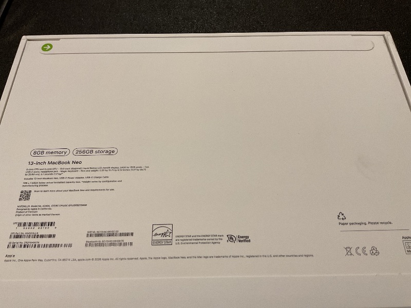 Photo 1 of Apple 2026 MacBook Neo 13-inch Laptop with A18 Pro chip: Built for AI and Apple Intelligence, Liquid Retina Display, 8GB Unified Memory, 256GB SSD Storage, 1080p FaceTime HD Camera; Citrus SEALED