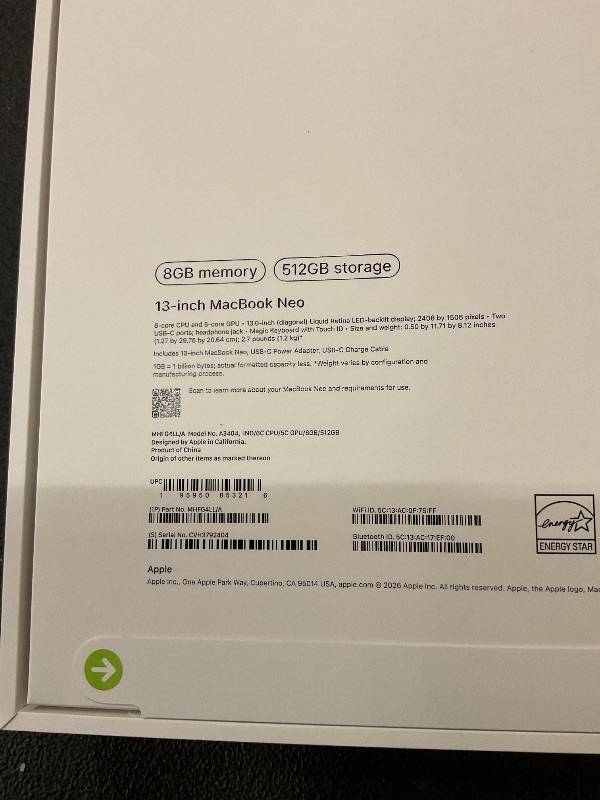Photo 1 of Apple 2026 MacBook Neo 13-inch Laptop with A18 Pro chip: Built for AI and Apple Intelligence, Liquid Retina Display, 8GB Unified Memory, 512GB SSD Storage, 1080p FaceTime HD Camera, Touch ID; Indigo SEALED