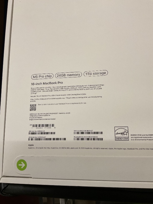 Photo 1 of Apple 2026 MacBook Pro Laptop with Apple M5 Pro chip with 18-core CPU and 20-core GPU: Built for AI, 16.2-inch Liquid Retina XDR Display, 24GB Unified Memory, 1TB SSD, Wi-Fi 7; Silver SEALED