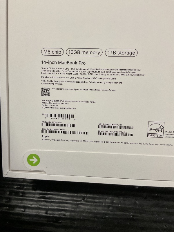 Photo 1 of FACTORY SEALED—  Apple 2025 MacBook Pro Laptop with Apple M5 chip with 10?core CPU and 10?core GPU: Built for AI, 14.2-inch Liquid Retina XDR Display, 16GB Unified Memory, 1TB SSD Storage; Space Black