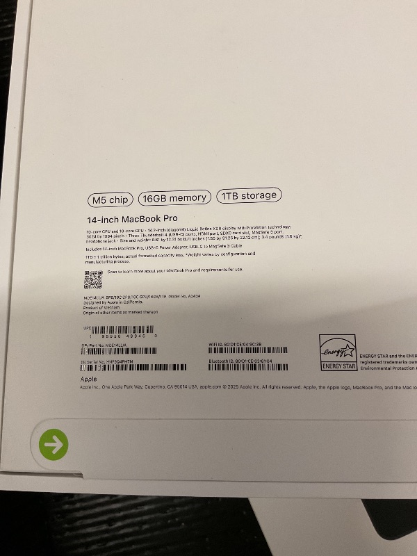 Photo 1 of FACTORY SEALED— Apple 2025 MacBook Pro Laptop with Apple M5 chip with 10?core CPU and 10?core GPU: Built for AI, 14.2-inch Liquid Retina XDR Display, 16GB Unified Memory, 1TB SSD Storage; Space Black