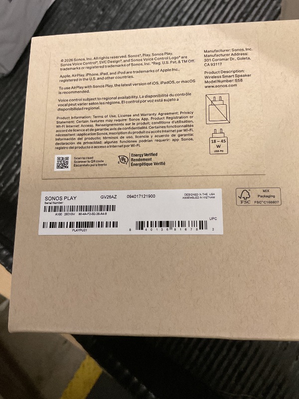 Photo 1 of FACTORY SEALED— Sonos Play - Portable Bluetooth Speaker with WiFi
