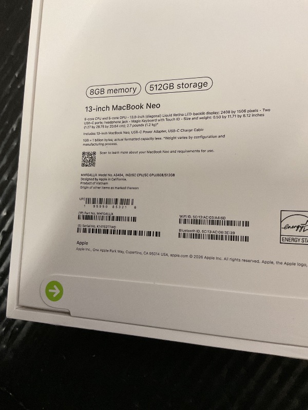 Photo 1 of FACTORY SEALED— Apple 2026 MacBook Neo 13-inch Laptop with A18 Pro chip: Built for AI and Apple Intelligence, Liquid Retina Display, 8GB Unified Memory, 512GB SSD Storage, 1080p FaceTime HD Camera, Touch ID; Indigo