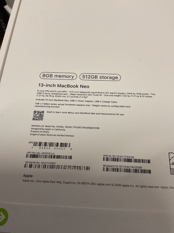 Photo 1 of FACTORY SEALED— Apple 2026 MacBook Neo 13-inch Laptop with A18 Pro chip: Built for AI and Apple Intelligence, Liquid Retina Display, 8GB Unified Memory, 512GB SSD Storage, 1080p FaceTime HD Camera, Touch ID; Indigo