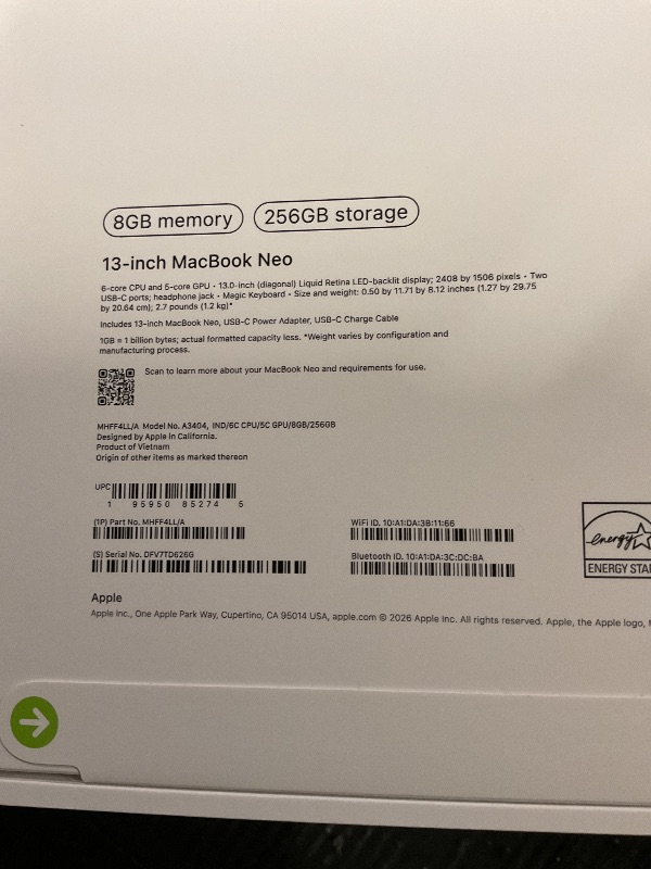 Photo 1 of FACTORY SEALED— Apple 2026 MacBook Neo 13-inch Laptop with A18 Pro chip: Built for AI and Apple Intelligence, Liquid Retina Display, 8GB Unified Memory, 256GB SSD Storage, 1080p FaceTime HD Camera; Indigo