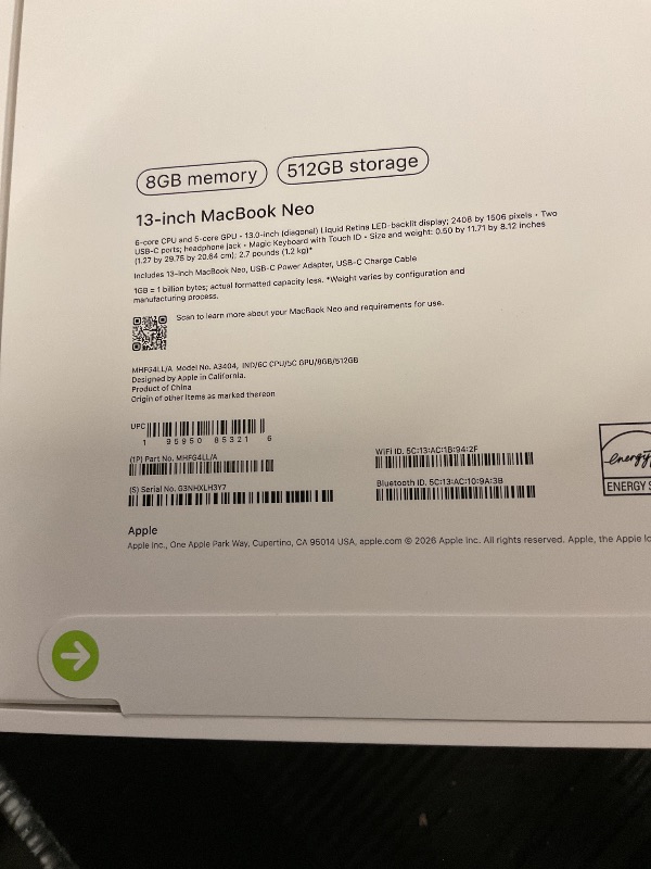 Photo 1 of FACTORY SEALED— Apple 2026 MacBook Neo 13-inch Laptop with A18 Pro chip: Built for AI and Apple Intelligence, Liquid Retina Display, 8GB Unified Memory, 512GB SSD Storage, 1080p FaceTime HD Camera, Touch ID; Indigo