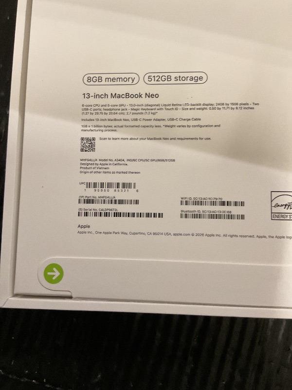 Photo 1 of FACTORY SEALED— Apple 2026 MacBook Neo 13-inch Laptop with A18 Pro chip: Built for AI and Apple Intelligence, Liquid Retina Display, 8GB Unified Memory, 512GB SSD Storage, 1080p FaceTime HD Camera, Touch ID; Indigo