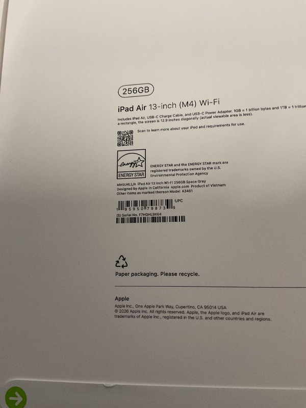 Photo 1 of FACTORY SEALED— Apple iPad Air 13-inch (M4): Liquid Retina Display, 256GB, 12MP Front/Back Camera, Wi-Fi 7 with Apple N1, Touch ID, All-Day Battery Life — Space Gray