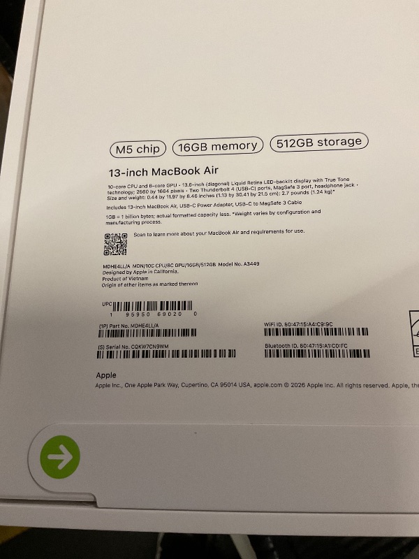 Photo 1 of FACTORY SEALED— Apple 2026 MacBook Air 13-inch Laptop with M5 chip: Built for AI, 13.6-inch Liquid Retina Display, 16GB Unified Memory, 512GB SSD, 12MP Center Stage Camera, Touch ID, Wi-Fi 7; Midnight