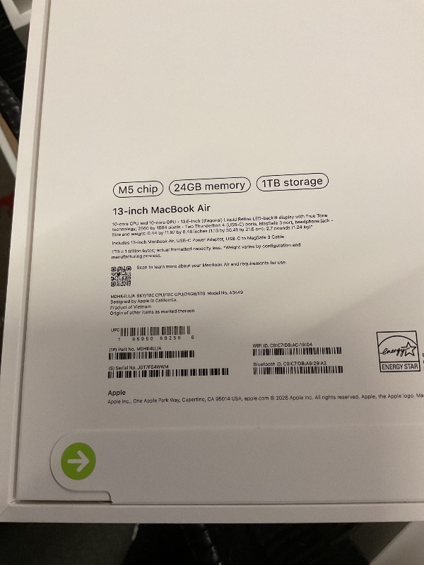 Photo 1 of FACTORY SEALED— Apple 2026 MacBook Air 13-inch Laptop with M5 chip: Built for AI, 13.6-inch Liquid Retina Display, 24GB Unified Memory, 1TB SSD, 12MP Center Stage Camera, Touch ID, Wi-Fi 7; Sky Blue