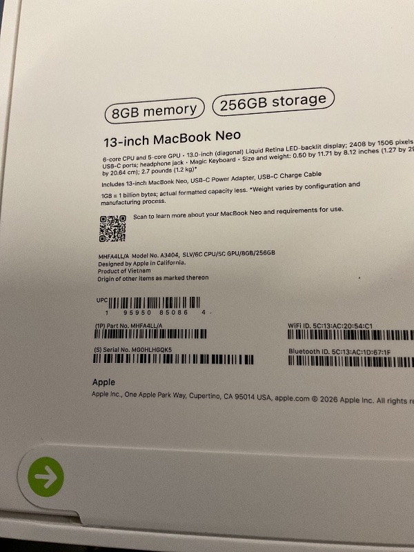 Photo 1 of FACTORY SEALED— Apple 2026 MacBook Neo 13-inch Laptop with A18 Pro chip: Built for AI and Apple Intelligence, Liquid Retina Display, 8GB Unified Memory, 256GB SSD Storage, 1080p FaceTime HD Camera; Silver