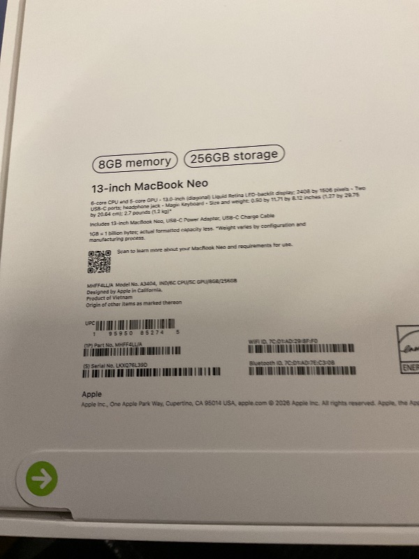 Photo 1 of FACTORY SEALED— Apple 2026 MacBook Neo 13-inch Laptop with A18 Pro chip: Built for AI and Apple Intelligence, Liquid Retina Display, 8GB Unified Memory, 256GB SSD Storage, 1080p FaceTime HD Camera; Indigo