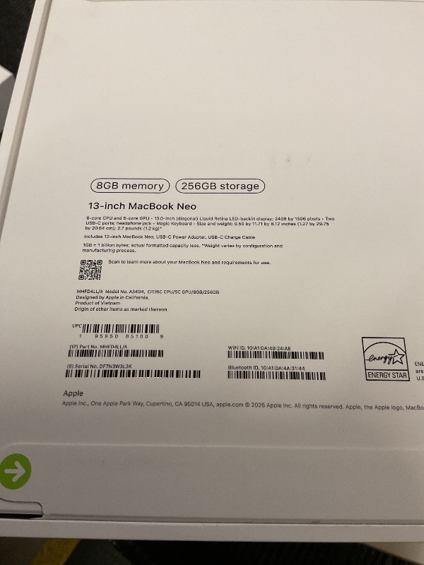 Photo 1 of FACTORY SEALED— Apple 2026 MacBook Neo 13-inch Laptop with A18 Pro chip: Built for AI and Apple Intelligence, Liquid Retina Display, 8GB Unified Memory, 256GB SSD Storage, 1080p FaceTime HD Camera; Citrus