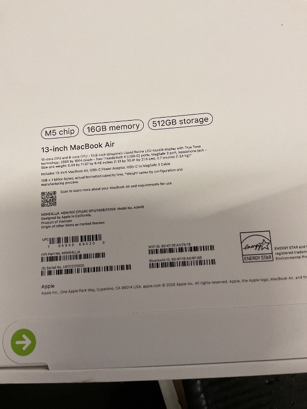 Photo 1 of FACTORY SEALED— Apple 2026 MacBook Air 13-inch Laptop with M5 chip: Built for AI, 13.6-inch Liquid Retina Display, 16GB Unified Memory, 512GB SSD, 12MP Center Stage Camera, Touch ID, Wi-Fi 7; Midnight