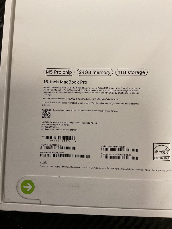 Photo 1 of FACTORY SEALED— Apple 2026 MacBook Pro Laptop with Apple M5 Pro chip with 18-core CPU and 20-core GPU: Built for AI, 16.2-inch Liquid Retina XDR Display, 24GB Unified Memory, 1TB SSD, Wi-Fi 7; Space Black