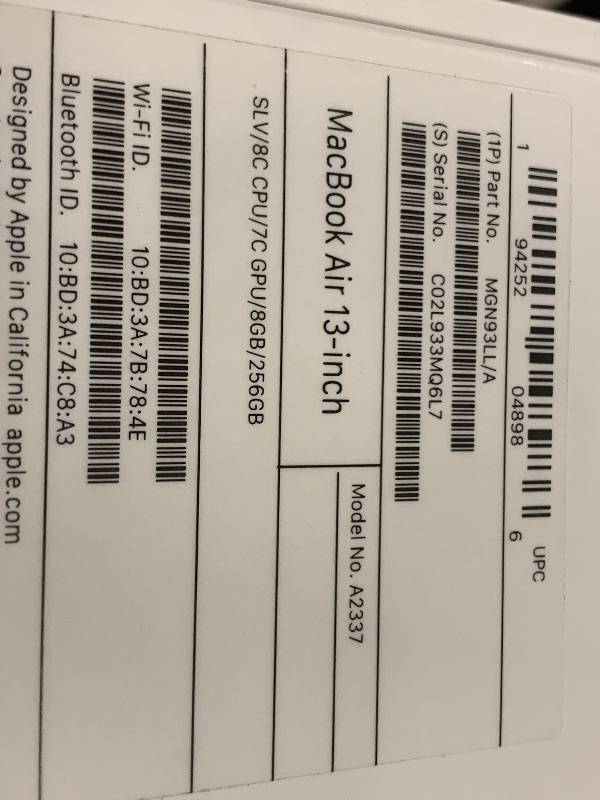 Photo 1 of 2020 Apple MacBook Air Laptop: Apple M1 Chip, 13” Retina Display, 8GB RAM, 256GB SSD Storage, Backlit Keyboard, FaceTime HD Camera, Touch ID. Works with iPhone/iPad; Silver