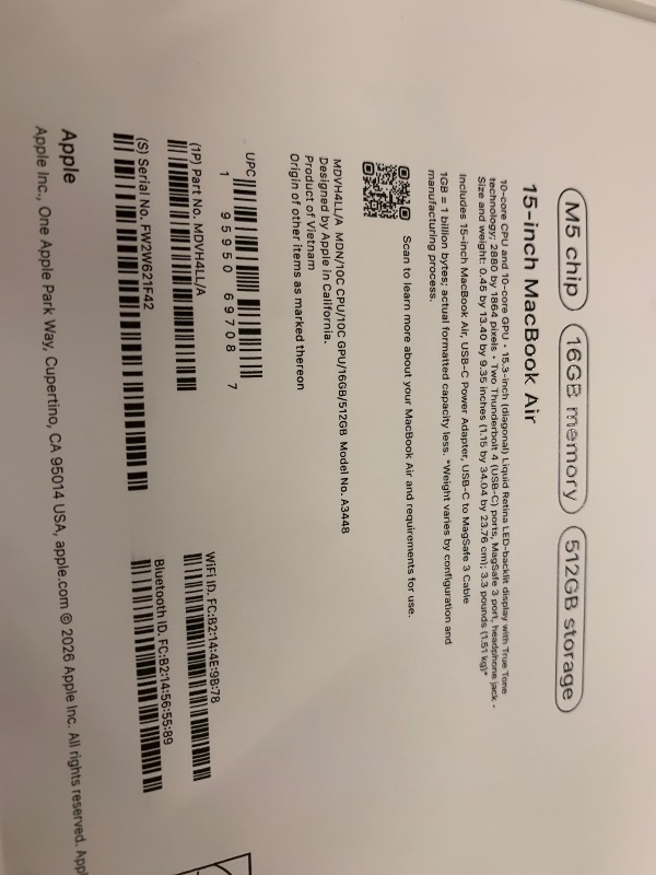 Photo 1 of Apple 2026 MacBook Air 15-inch Laptop with M5 chip: Built for AI, 15.3-inch Liquid Retina Display, 16GB Unified Memory, 512GB SSD, 12MP Center Stage Camera, Touch ID, Wi-Fi 7; Midnight