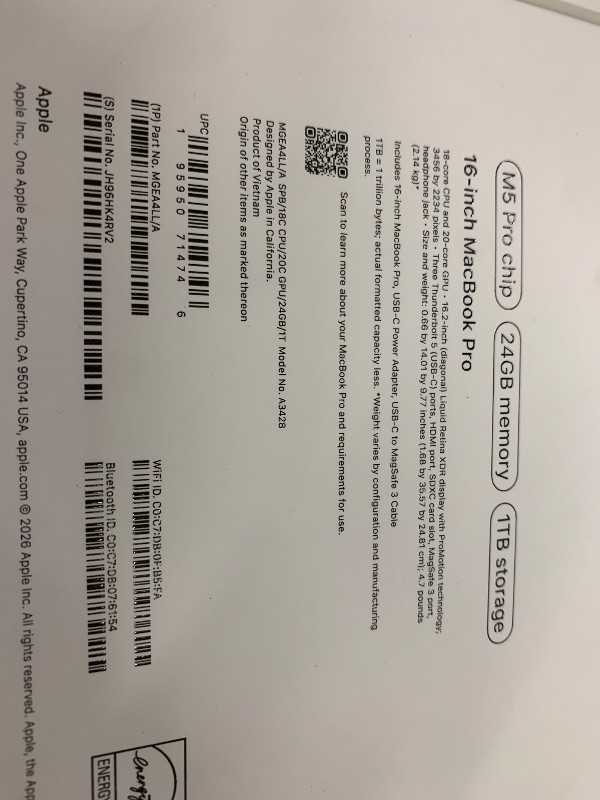 Photo 1 of Apple 2026 MacBook Pro Laptop with Apple M5 Pro chip with 18-core CPU and 20-core GPU: Built for AI, 16.2-inch Liquid Retina XDR Display, 24GB Unified Memory, 1TB SSD, Wi-Fi 7; Space Black