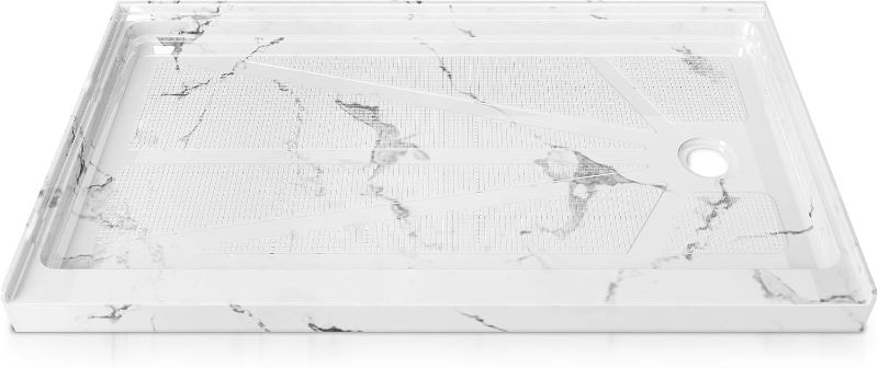 Photo 1 of CKB 60x30 Inch Shower Base with Carrara Marble White Look, Right Drain Single Threshold Shower Pan, Acrylic Fiberglass Reinforced Non-Slip Alcove Tray with Integrated Flange