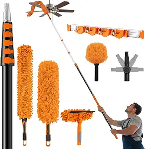 Photo 1 of 42 ft High Reach Duster Kit with Extension Pole, High Ceiling Fan Cleaner Duster Tool for Fan Blades, Window Squeegee, Washable Dust Brush for Roof and Glass Surfaces (Orange, 7-36ft)