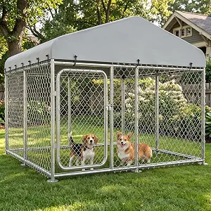 Photo 1 of COMHOMA 7.55×7.55FT Outdoor Dog Kennel with Roof,Heavy Duty Metal Dog Enclosure with Weather-Resistant Cover & Secure Lock for Medium Large Dogs (Gunmetal, 7.55x7.55ft)