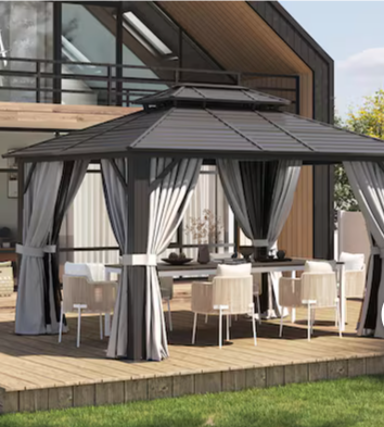 Photo 1 of 10'X13' Hardtop Gazebo, Double Polycarbonate Roof, All-Weather Heavy-Duty Aluminum Frame, Netting & Curtains, Permanent Outdoor Pavilion for Patio, Garden, Lawn, Khaki