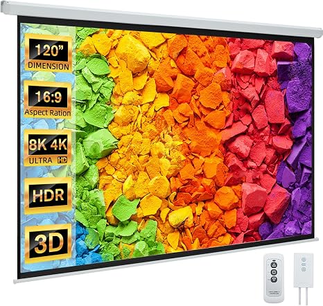 Photo 1 of YODOLLA 120" Projector Screen Motorized 16:9 Retractable Projection Screens | Electric Automatic Wall Ceiling Pull Down Movie Screen for Office Classroom Indoor with Remotes 4K HD 3D, White