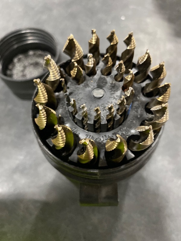 View 3 of Drill America 29 Piece Cobalt Stepped Point Drill Bit Set in Round Case w/Gold Oxide Finish for Drilling Acrylic, Steel, Hard Metals, Sizes 1/16" to 1/2" x 64ths, GSC Series ZMGSC29J-PC