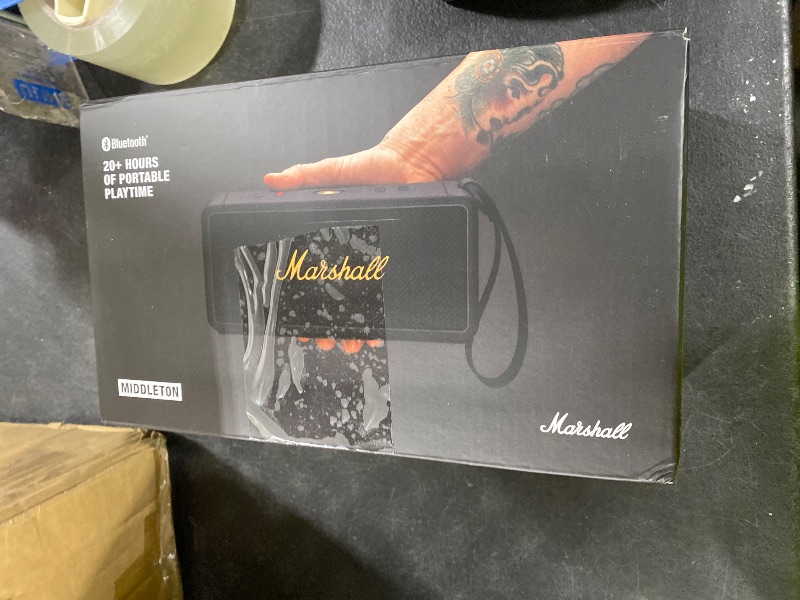 Photo 1 of Marshall Middleton Portable Bluetooth Speaker - Rugged Waterproof/Dust-proof Design | Loud Stereo Sound, Deep Bass | Compact and Wireless for Travel and Outdoors - Black and Brass