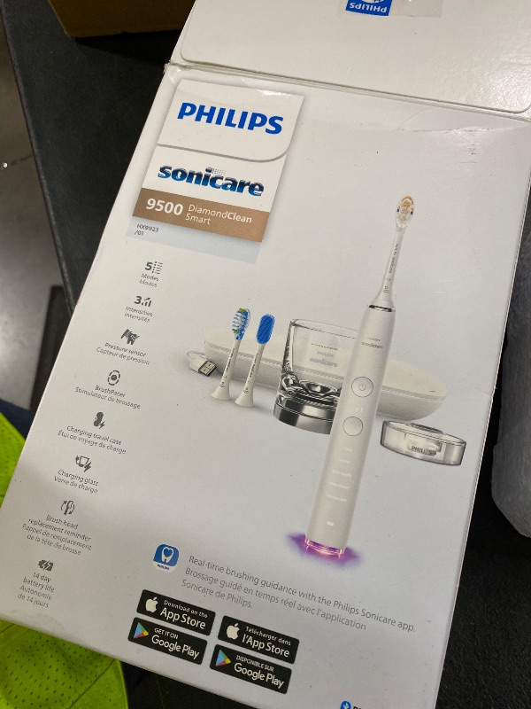 Photo 1 of Philips Sonicare DiamondClean Smart 9500 Electric Toothbrush - Sonic Toothbrush with App, Pressure Sensor, 15 Brushing Settings, Replacement Reminder, USB Charging Travel Case, White, Model HX9923/01
