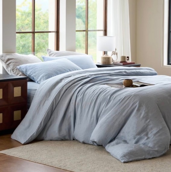 Photo 1 of SIJO Premium Stone Washed Organic French Linen Duvet Cover, GOTS Certified Organic, Small Batch Sourced from Normandy, Best Cooling Linen Sheet Award by Sleep Foundation (Sky, Full/Queen)