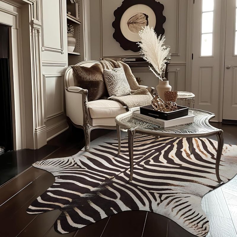 Photo 1 of jinchan Zebra Print Area Rug Faux Cowhide Rug Animal Skin Western Design Mat Faux Suede Indoor Floor Cover for Bedroom Living Room - UNKNOWN SIZE