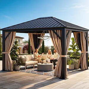 Photo 1 of YITAHOME 10X12FT Hardtop Metal Gazebo Single Top Outdoor Patio Canopy Galvanized Iron Aluminum Column Garden Tent Curtains Netting for Backyards Decks Lawns,Brown
