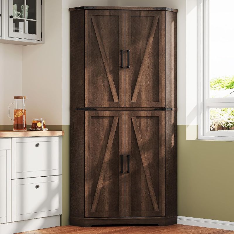 Photo 1 of Dripex 71" Brown Farmhouse Corner Pantry Cabinet with LED Light, Tall Storage Cabinet with Doors & Adjustable Shelves, Food Pantry for Kitchen, Living Room, Dining Room