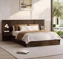 Photo 1 of Lume Walnut Wood Frame King Platform Bed with Modern Fluted Style Bed Set, Nightstands, Easy Assembly