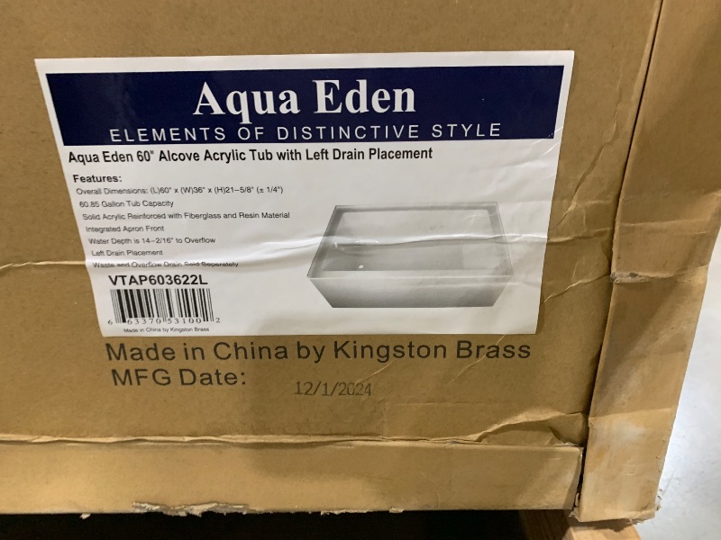 Photo 1 of **CORNER CHIPPED** Kingston Brass Aqua Eden VTAP603622L 60-Inch Acrylic Alcove Tub with Left Hand Drain, White