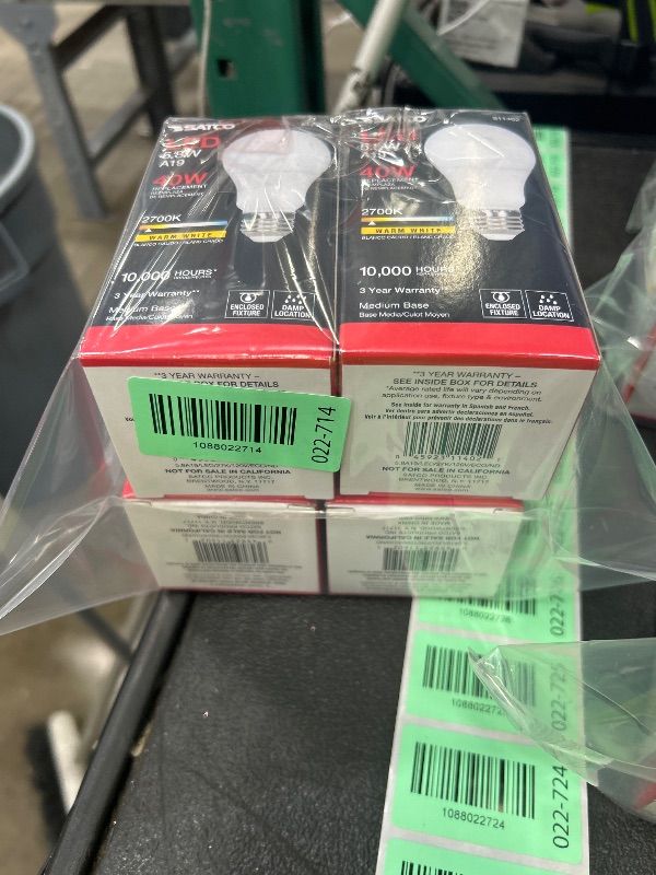 Photo 1 of **PACK OF 4** Satco 11402 5.8W LED A19 Light Bulb, 40W Replacement, 2700K Warm White, 450 Lumens