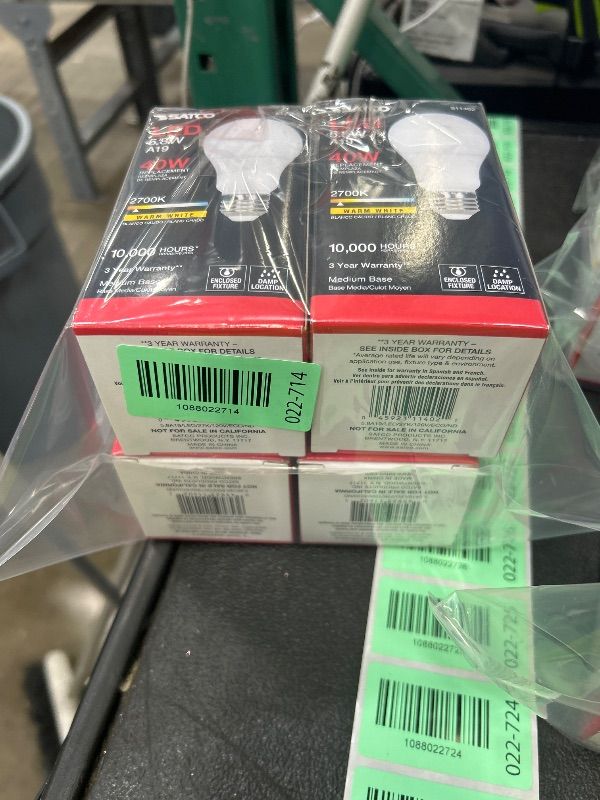 Photo 1 of **PACK OF 4** Satco 11402 5.8W LED A19 Light Bulb, 40W Replacement, 2700K Warm White, 450 Lumens