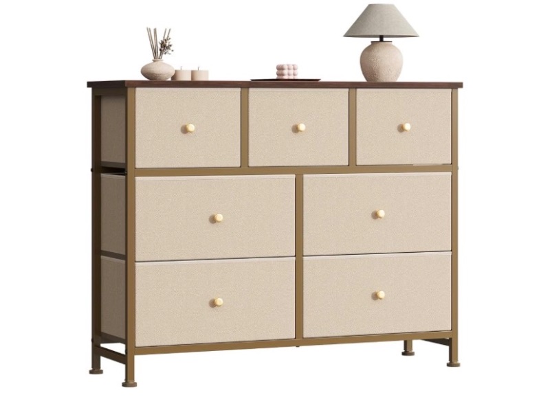 Photo 1 of ***DAMAGED -MISSING PIECES -SELLING AS PARTS ONLY*** Sweetcrispy 7 Drawer Dresser for Bedroom Storage with Fabric Bins, Khaki