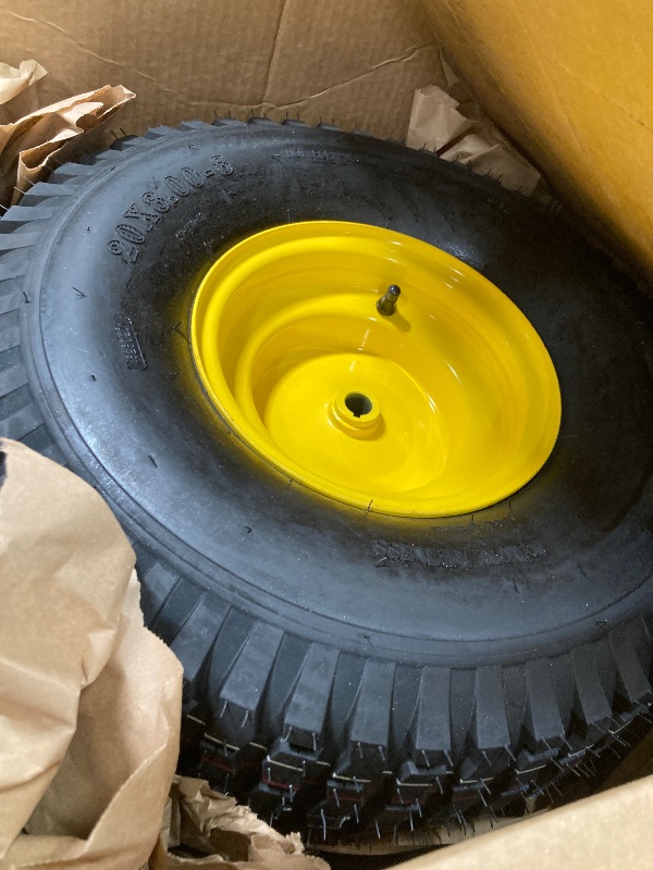 Photo 1 of (2-Pack) 20x8.00-8 Rear Tire and Wheel Assemblies - 4 Ply Tubeless Tire Compatible Replacement for Riding Lawn Mowers - 3/4" Borehole, 3.5" Offset Hub and 3/16" Keyway