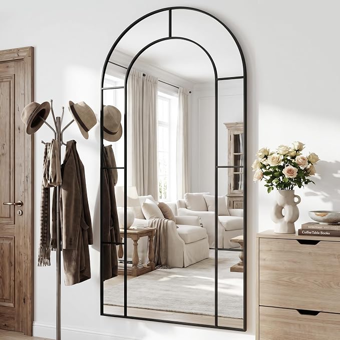 Photo 1 of 81" x 41" Arched Full Length Floor Mirror, Farmhouse Window Pane Mirror with Metal Frame, Decorative Leaning or Wall Mounted Mirror for Bedroom, Living Room, Entryway, Black