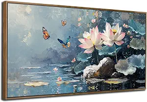 Photo 1 of Ardemy Lotus Floral Canvas Wall Art Lrage Framed Pictures Wall Decor Living Room Flower Paintings Artwork for Walls Bedroom Kitchen Dining Room Home Office, 58"x29"

