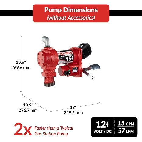 Photo 1 of Fill-Rite FR1210HA 12V 15 GPM Fuel Transfer Pump with Discharge Hose & Automatic Nozzle, Red | Gasoline, Diesel, Kerosene, Ethanol & Methanol Blends & Biodiesel
