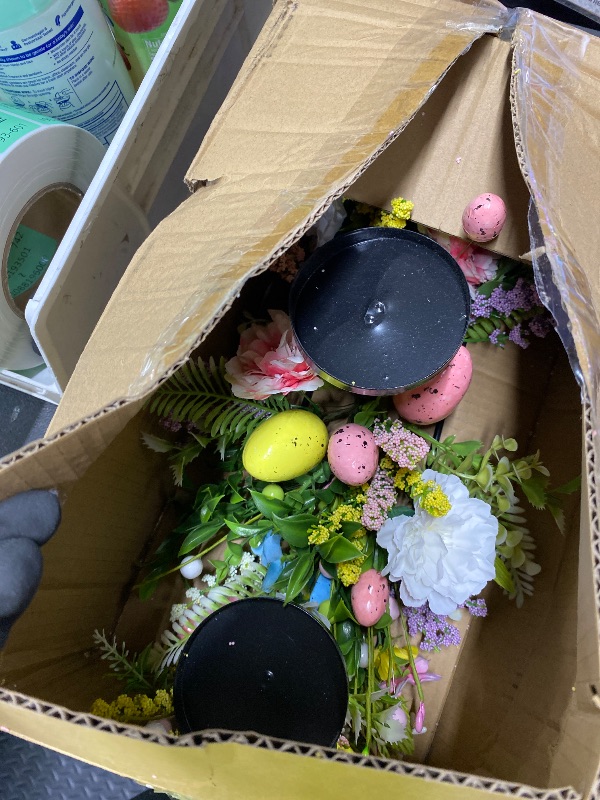Photo 1 of *minor damage* 22" Easter Centerpieces for Tables and Fireplaces with 3 Candle Trays, Artificial Easter Egg Candle Holder Decorations with Colorful Spring Flowers & Branches & Green Leaves