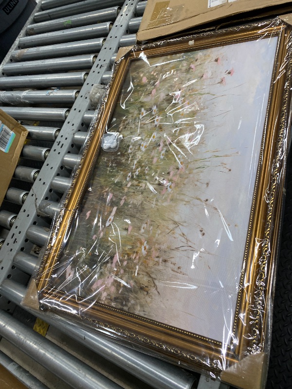 Photo 1 of *Frame cracked* ASTRDECOR Vintage Gold Framed Canvas Wall Art, Farmhouse Wall Decor Wildflower Field Landscape Oil Painting, Neutral Pink Spring Scenery Pictures Wall Decor, Vintage Artwork for Wall - 20"x30"