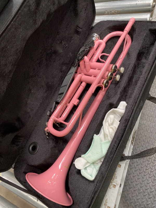 Photo 1 of *USED* ROWELL Bb Standard Trumpet Professional Brass Trumpets for Beginner Standard Student Trumpet Set with Hard Case,7C Mouthpiece,Gloves(Pink)