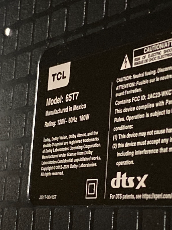 View 3 of **No Power Cable** unable to test** TCL 65" T7 4K QLED Google TV with 144Hz Gaming (65T7)