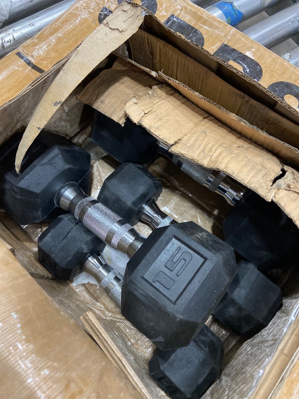 View 2 of **STOCK PHOTO FOR REFERENCE OF ITEM BEING DUMBBELL, HOWEVER THESE ARE A SET OF 15LB & 5LB** CAP 50lb Rubber Coated Hex Dumbbell Set, Chrome Grip, Free Weights
